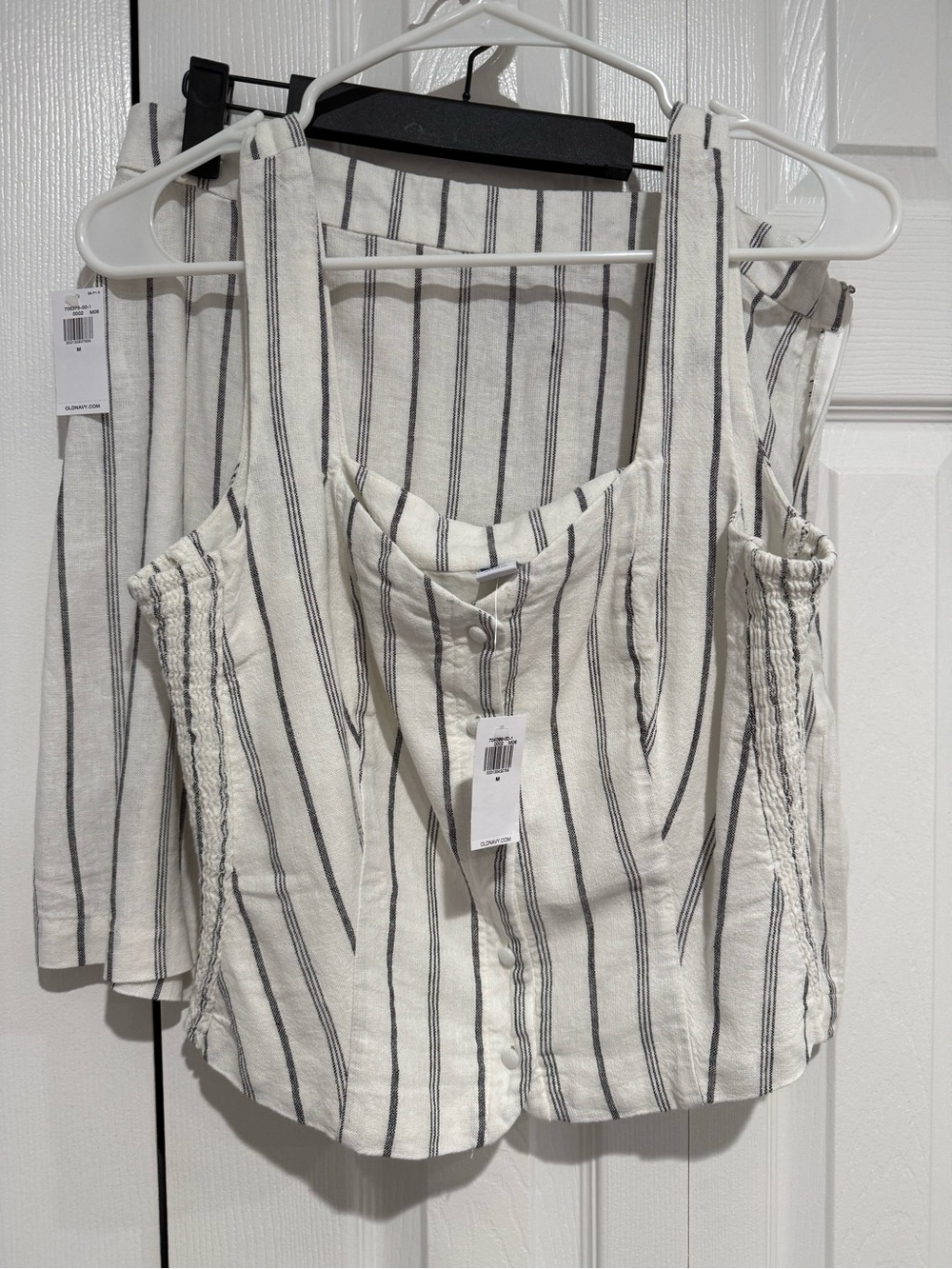 Linen Striped White and Black Sleeveless Button-Front Top & Skirt - Matching Set